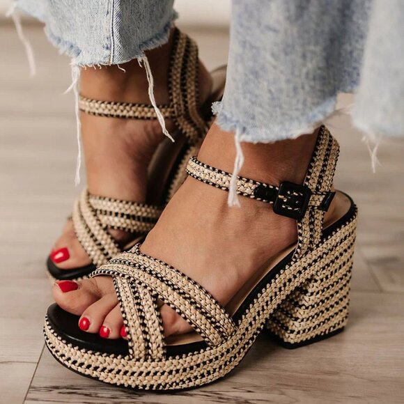 Soda Shoes - New Open Toe Raffia Espadrille Platform Sandals Mary-Jane Ankle Strap Block Heel